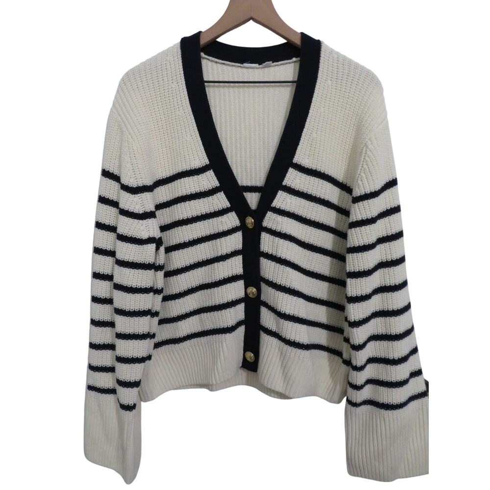 GAP Women Sz L Cream Navy Striped Button Front Sweater Gold Button Cardigan Knit